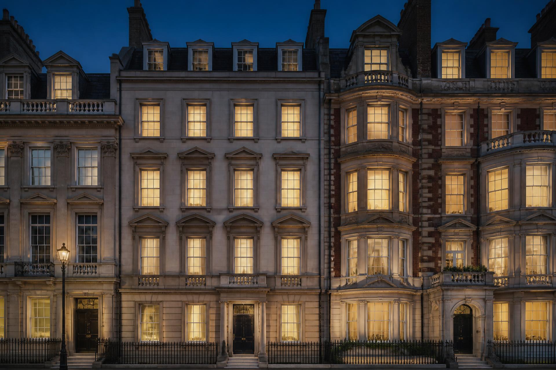 Stately London mansion block architecture at dusk